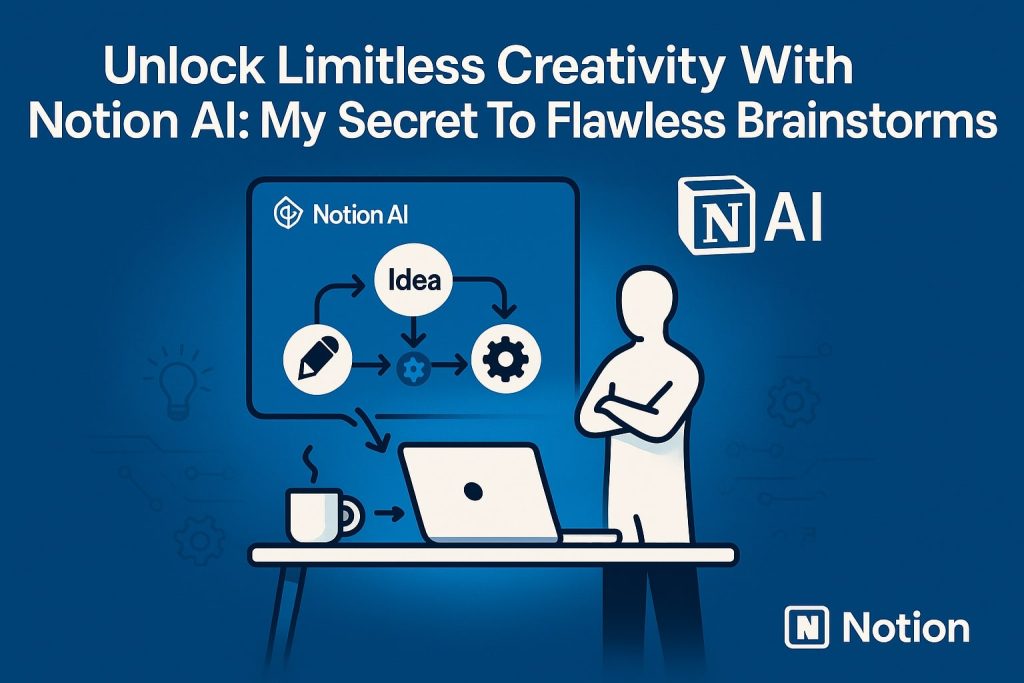 Freelancer at desk next to a screen showing Notion AI’s brainstorming flow with an “Idea” bubble linked to pencil and gear icons