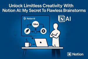 Freelancer at desk next to a screen showing Notion AI’s brainstorming flow with an “Idea” bubble linked to pencil and gear icons
