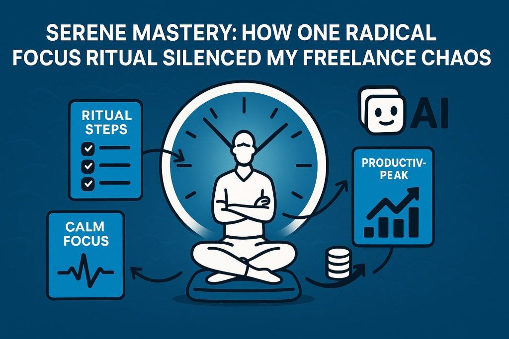 Figure meditating cross-legged in front of a clock, surrounded by icons for a checklist ritual, focus waveform, productivity chart, AI assistant, and coins
