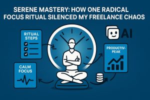 Figure meditating cross-legged in front of a clock, surrounded by icons for a checklist ritual, focus waveform, productivity chart, AI assistant, and coins