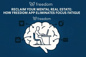 Person at a desk inside a brain outline, with arrows directing distraction icons (email, notification bell, heart) away from the brain