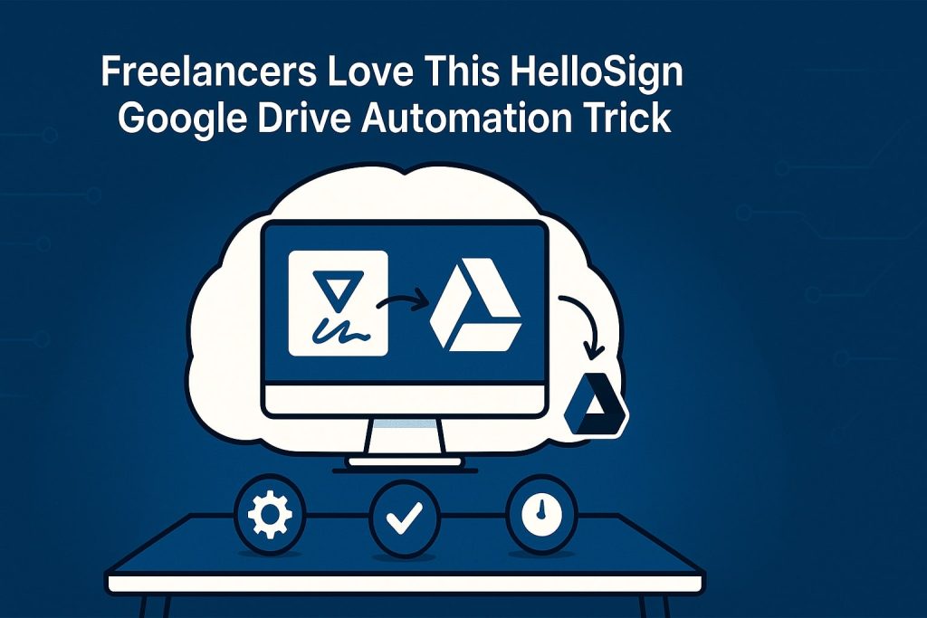 Computer in a cloud frame showing HelloSign logo arrow to Google Drive icon, with gear, check mark, and clock icons on a desk representing automated workflows