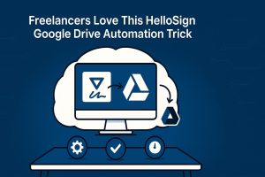 Computer in a cloud frame showing HelloSign logo arrow to Google Drive icon, with gear, check mark, and clock icons on a desk representing automated workflows