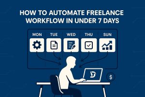Freelancer sitting at a desk with a seven-day calendar overhead showing icons for setup, documentation, drafting, review, and growth, all pointing toward the person’s computer to represent automating a week-long workflow.
