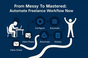 Stylized flowchart from a slumped freelancer at “Inbox Chaos” through configuring and AI automation steps, ending in a victory pose to illustrate mastering a freelance workflow.
