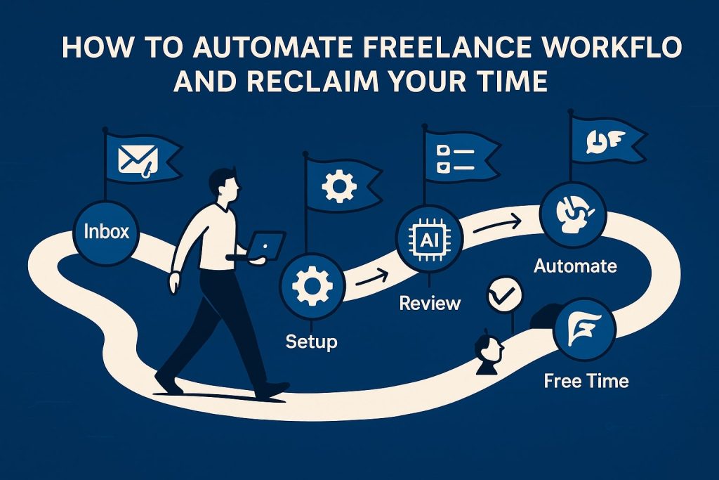 Freelancer walking a curved path marked Inbox → Setup (gear) → Review (AI chip) → Automate → Free Time
