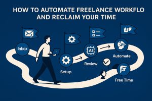 Freelancer walking a curved path marked Inbox → Setup (gear) → Review (AI chip) → Automate → Free Time
