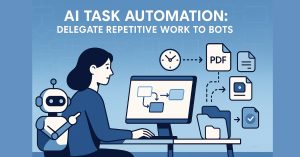 Designer at a desktop with a robot assistant icon, workflow diagram on screen, and files flowing into a folder.