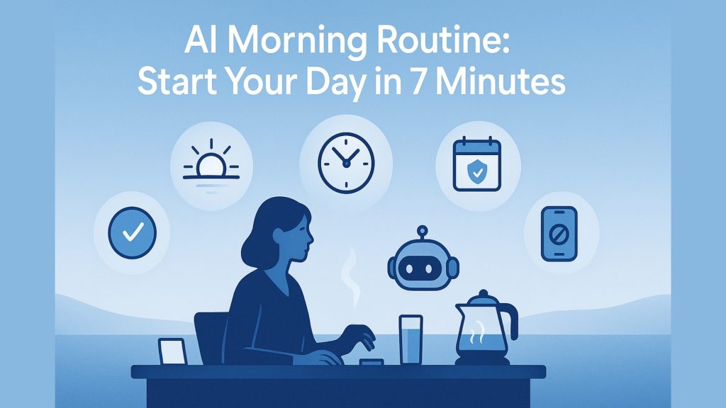 Person at desk with coffee, phone and AI icons (sunrise, clock, checklist, calendar shield, robot) floating above.