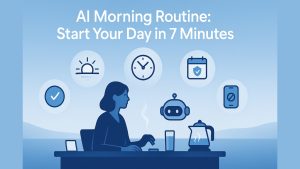 Person at desk with coffee, phone and AI icons (sunrise, clock, checklist, calendar shield, robot) floating above.