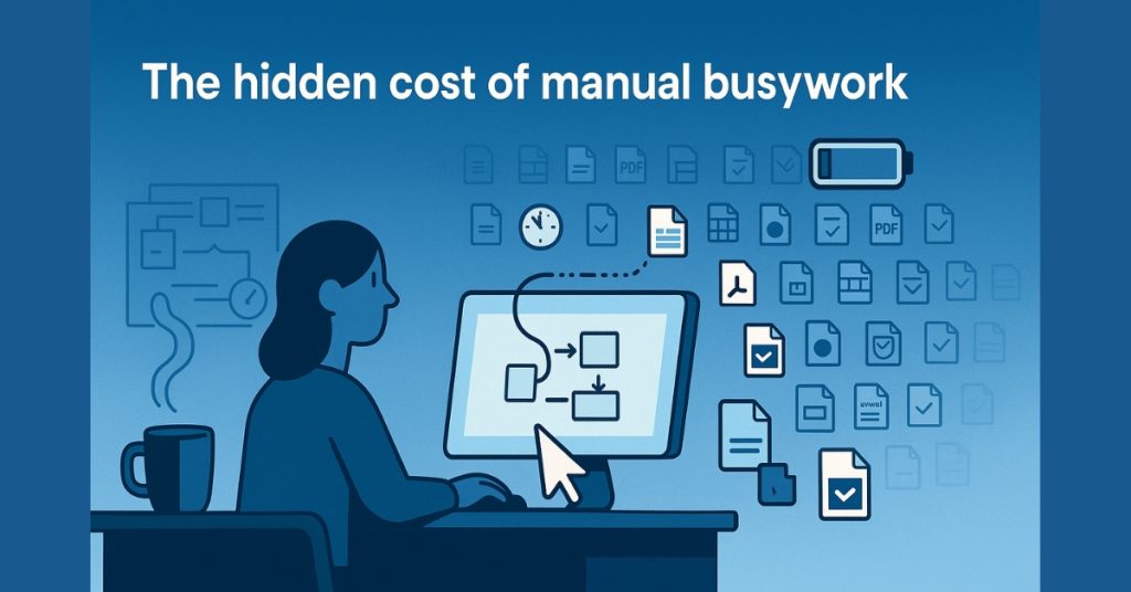 Person at a computer surrounded by scattered document icons and a low battery symbol overhead.