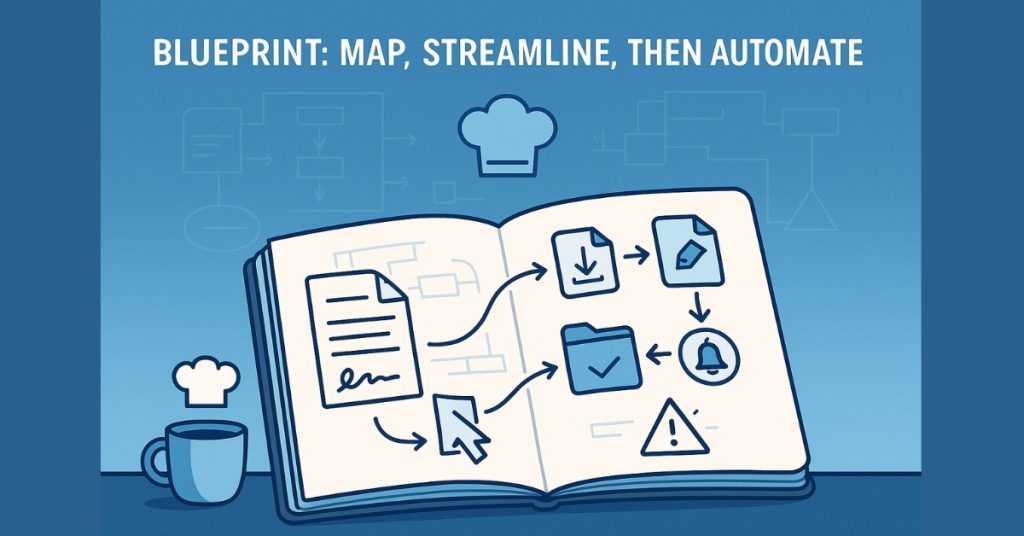 Hand-drawn flowchart on a notebook page showing steps: trigger → download → rename → store → alert