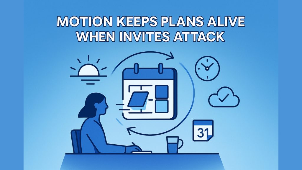 Person at desk with a swirling calendar, moving task blocks, clock and cloud icons