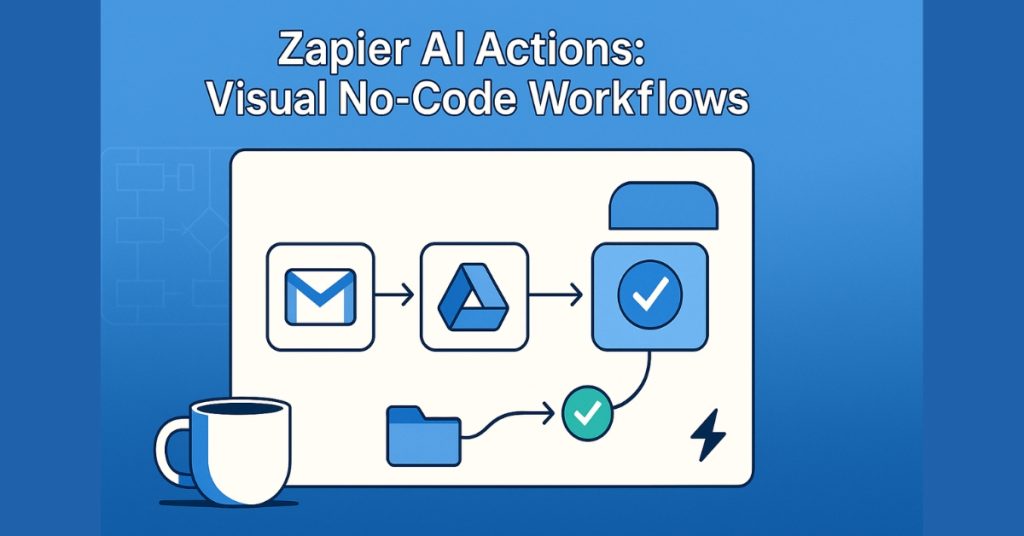 Connected Zapier tiles: Gmail attachment → Drive save → Formatter clean → Slack ping, plus a green “success” tick.