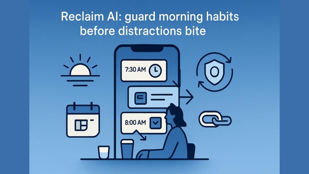 Smartphone UI with time-stamped tasks, shield icon, link icon, sunrise and calendar icons