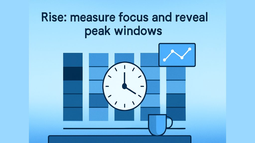 Heatmap bars arrayed behind a clock and coffee mug, with a floating line-chart widget