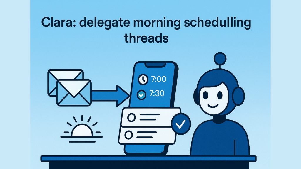 Robot assistant next to a phone screen showing proposed time slots and checklist