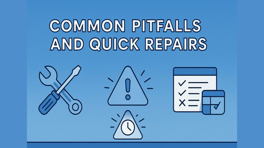 Crossed wrench and screwdriver, warning triangle with clock icon, and checklist with calendar