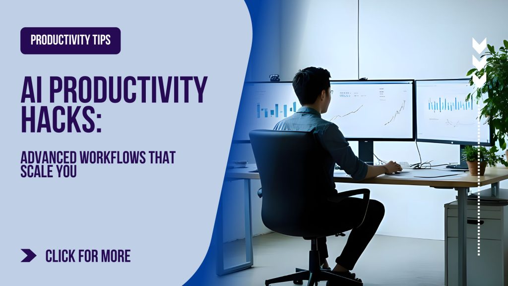 Person working at a desk with multiple screens showing AI-driven productivity charts