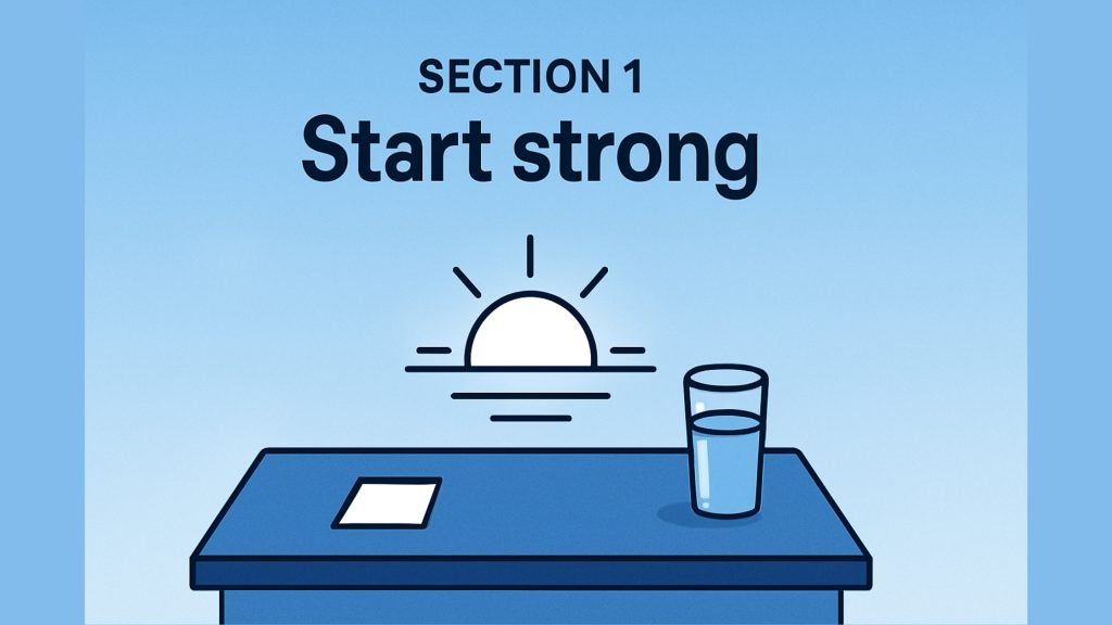 Flat-vector image of a desk with a note and a full glass of water under a sunrise icon, with “Section 1 Start strong” text below