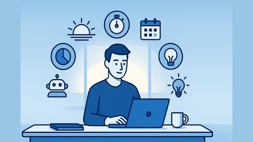 Illustration of a person working on a laptop at a desk with surrounding icons of a sun, stopwatch, calendar, clock, robot, and lightbulbs representing AI productivity and time management.