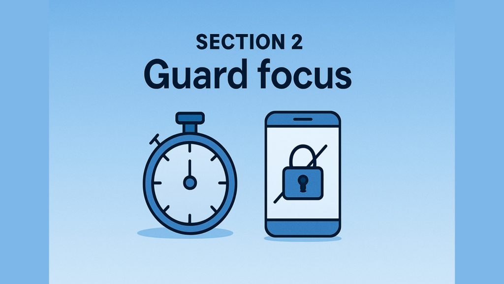 Illustration of a stopwatch and a smartphone displaying a padlock, under the text “Section 3 Guard focus,” representing quiet screens and deeper work.