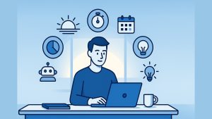 Illustration of a person working on a laptop at a desk with surrounding icons of a sun, stopwatch, calendar, clock, robot, and lightbulbs representing AI productivity and time management.