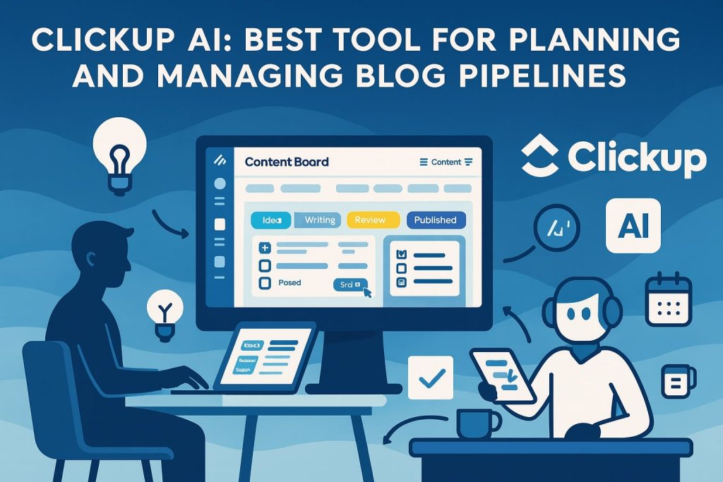 Two users at desks with a screen showing ClickUp’s content board columns for idea, writing, review, and published, plus AI, calendar, and checkmark icons.