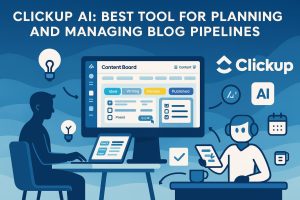 Two users at desks with a screen showing ClickUp’s content board columns for idea, writing, review, and published, plus AI, calendar, and checkmark icons.