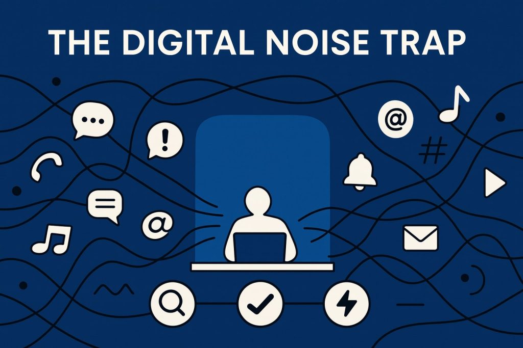 Silhouetted freelancer at a desk surrounded by swirling notification icons and lines of “digital noise”