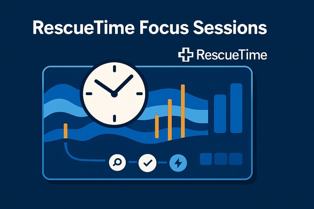 An interface mockup showing a large analog clock over flowing background waves and colored bar-chart spikes