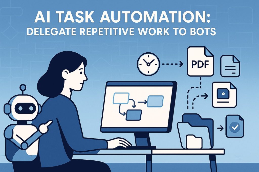 Illustration of a woman at a computer with a small robot helper automating PDF and file tasks, visualizing AI task automation and workflow efficiency