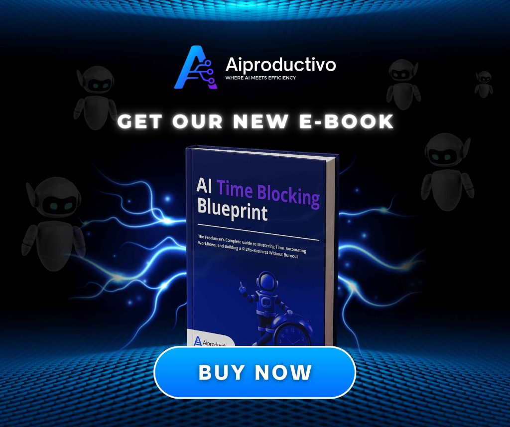 Promotional graphic for Aiproductivo’s “AI Time Blocking Blueprint” e-book, showing the book cover against an electric blue background with small robot mascots and a bright “Buy now” button