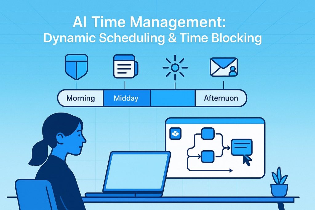 Woman sitting at a desk, looking at a dynamic timeline labeled “Morning,” “Midday,” “Afternoon,” with AI-driven workflow blocks on the screen, visualizing AI-powered time management.