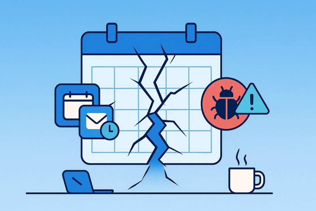 Flat-vector image of a desktop calendar split down the middle like a crack, surrounded by icons for email, calendar alerts, a bug warning, a laptop, and a coffee mug—representing scheduling breakdowns