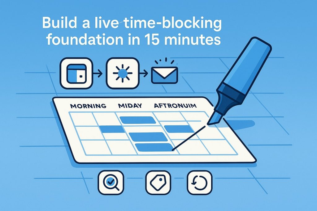 Flat-vector illustration of a calendar grid labeled “Morning,” “Midday,” and “Afternoon” with highlighted blue blocks and a marker pen—showing how to set up live time-blocking in 15 minutes