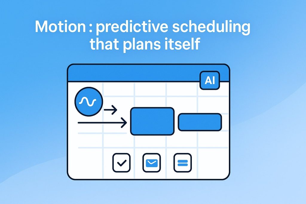 Flat-vector calendar window with an “AI” badge, arrows pointing to automatically placed task blocks, and action icons for check, email, and list, showing predictive scheduling in action