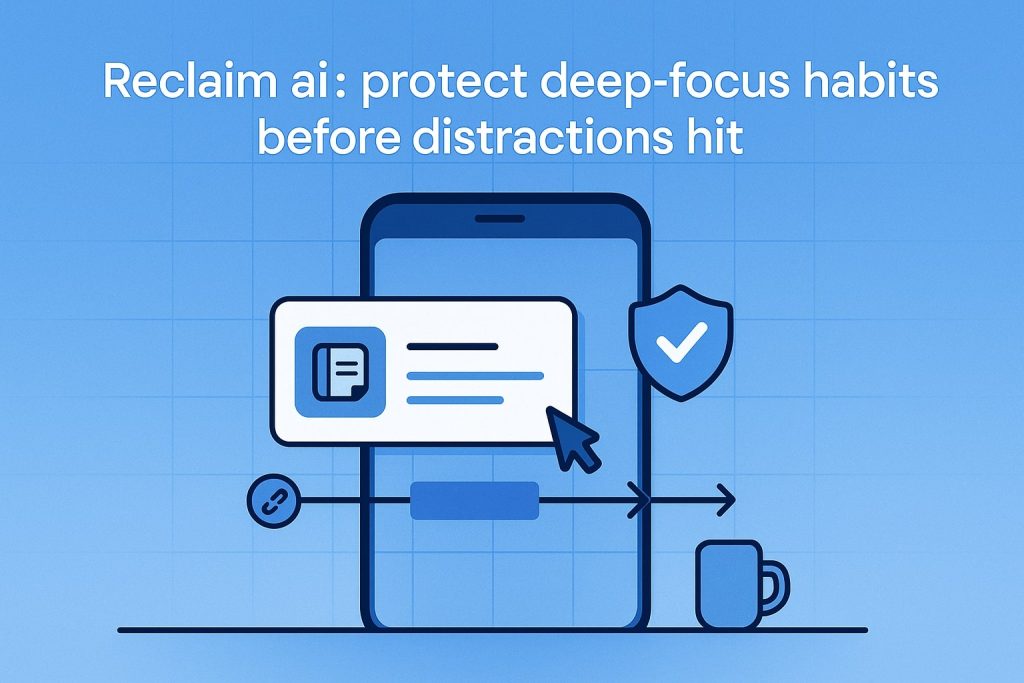 Smartphone mockup with a protective shield icon and a floating notification card connected by a timeline arrow, symbolizing safeguarding focus habits