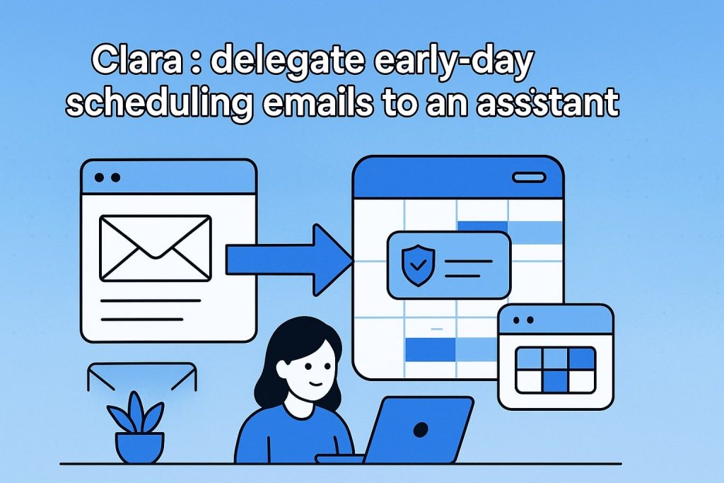 User at a laptop sends an email scheduling request (browser window with envelope icon) to a calendar interface via a large arrow, with a smiling assistant figure, illustrating delegated email scheduling