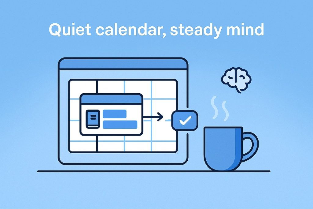 Laptop screen with a calm blue calendar; a task card slides into place while a steaming coffee mug and brain icon suggest relaxed, focused scheduling