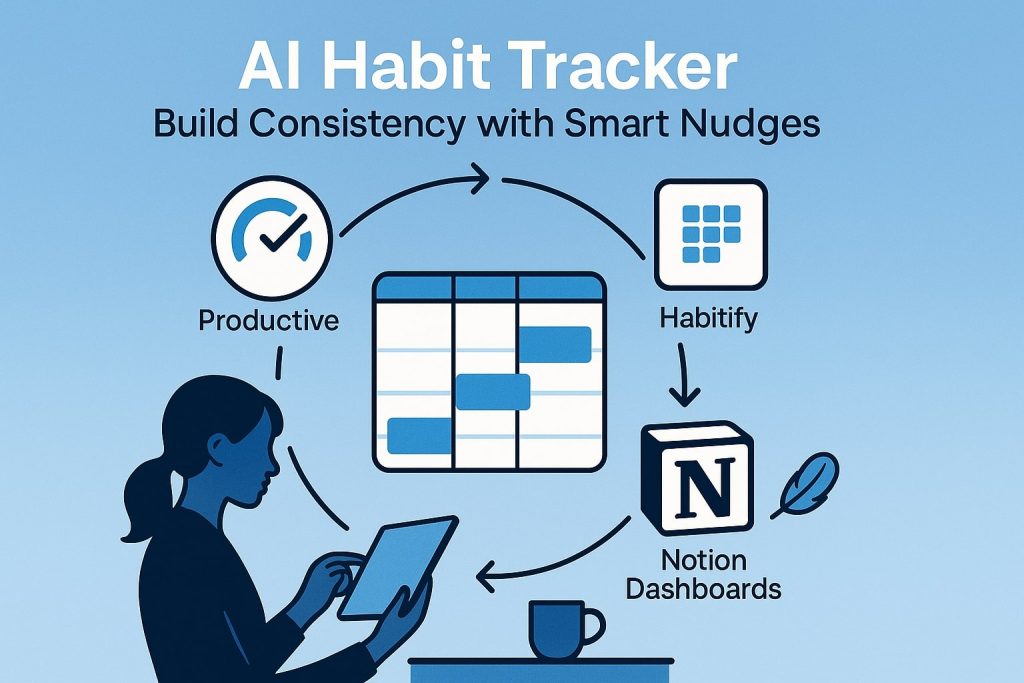 Cycle linking Productive, Habitify, and Notion dashboards around a user and a habit calendar