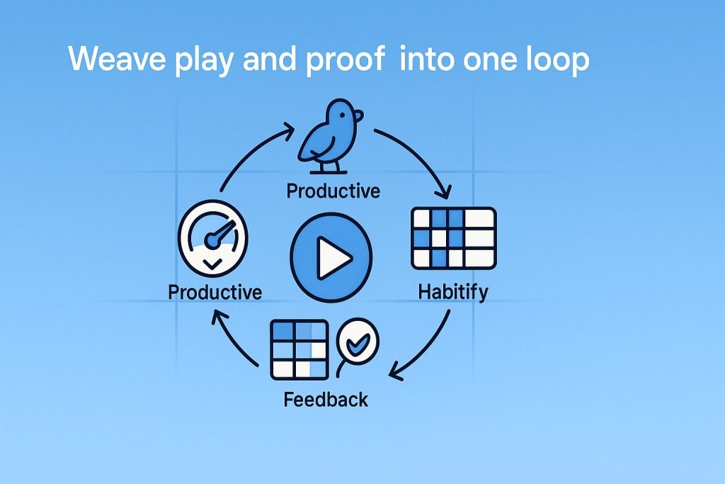 Play button and habit icons from Productive and Habitify arranged in a circular loop