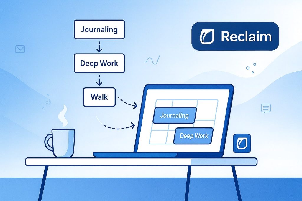 Flowchart shows journaling, deep work and walk blocks feeding into a Reclaim calendar on a laptop beside a coffee mug