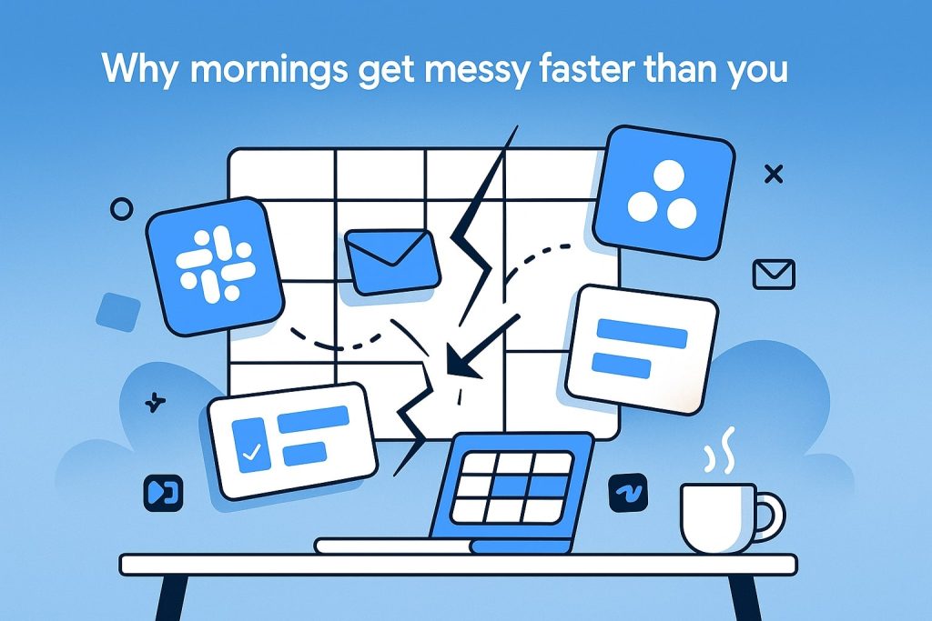 Cracked white calendar above a desk is bombarded by Slack, email and task icons, scattering schedule blocks