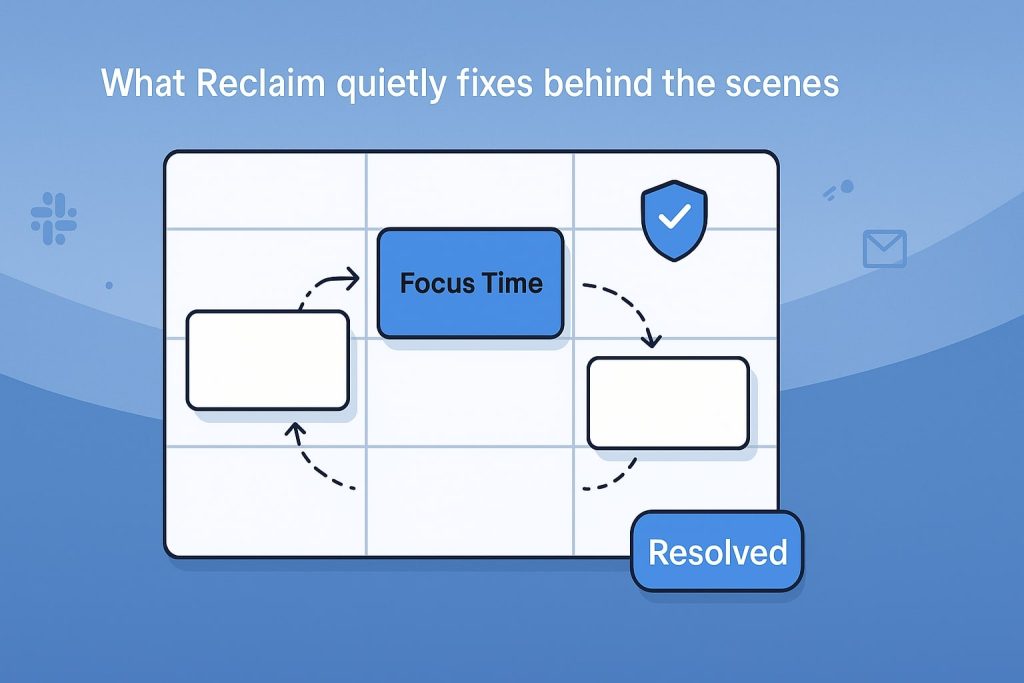 Central focus time block stays put while two empty blocks slide along dotted paths toward a resolved badge