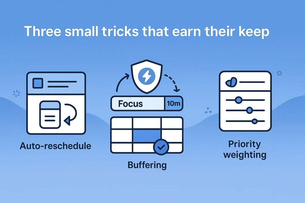 Icons illustrate auto-reschedule window, focus buffering bar with shield and a priority weighting slider panel