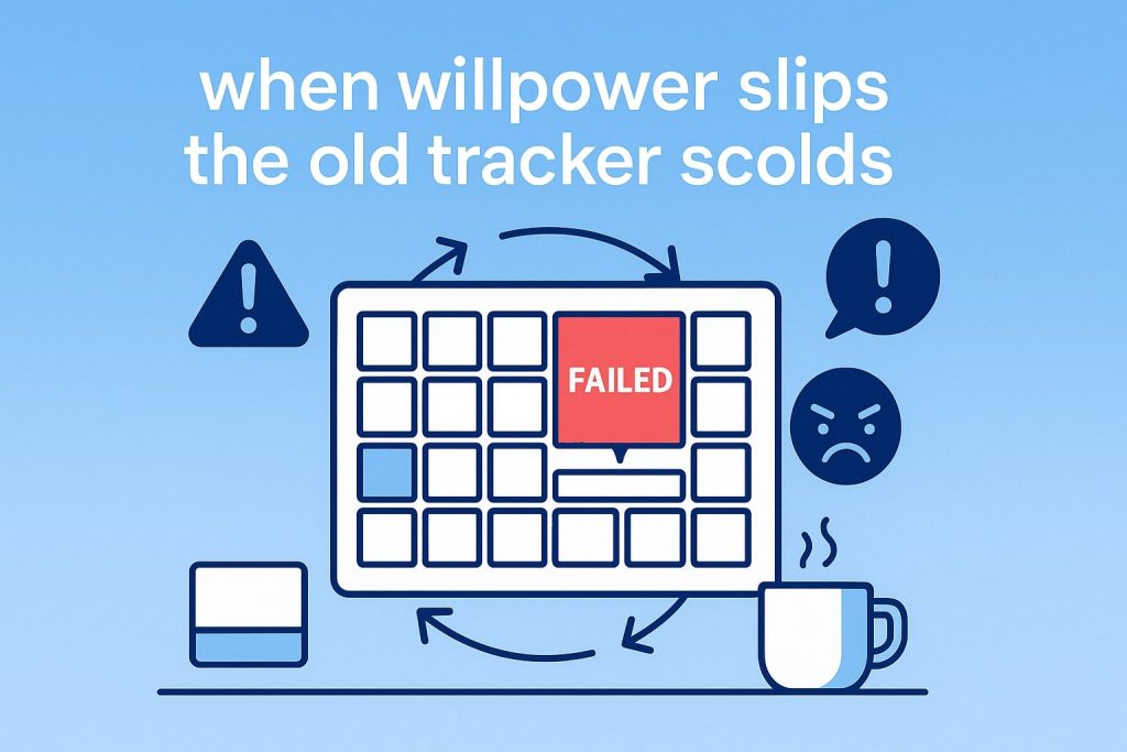 Calendar grid with a red “FAILED” square and warning icons showing negative feedback when willpower slips