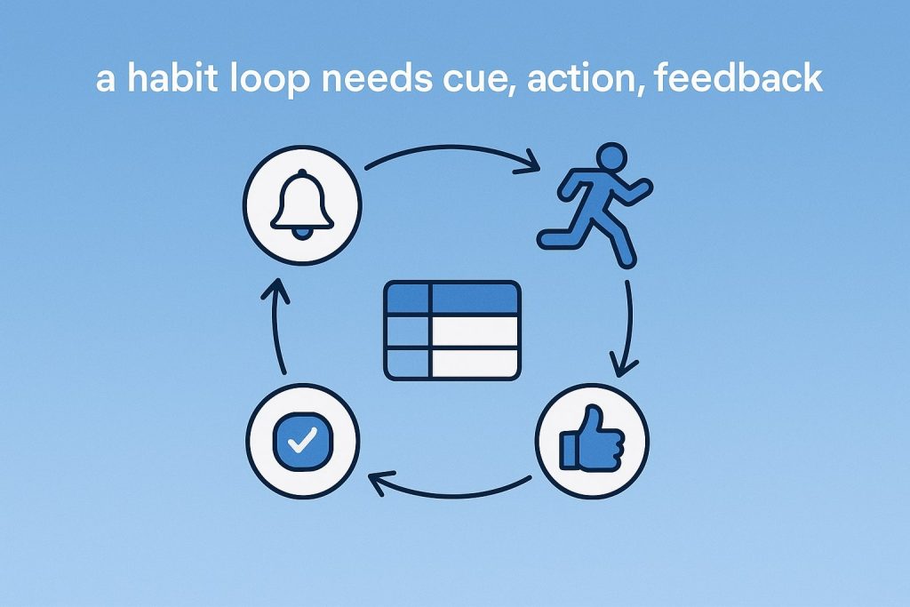 Habit loop icons—bell cue, running action, thumbs-up feedback, linked in a circle around a small tracking grid.