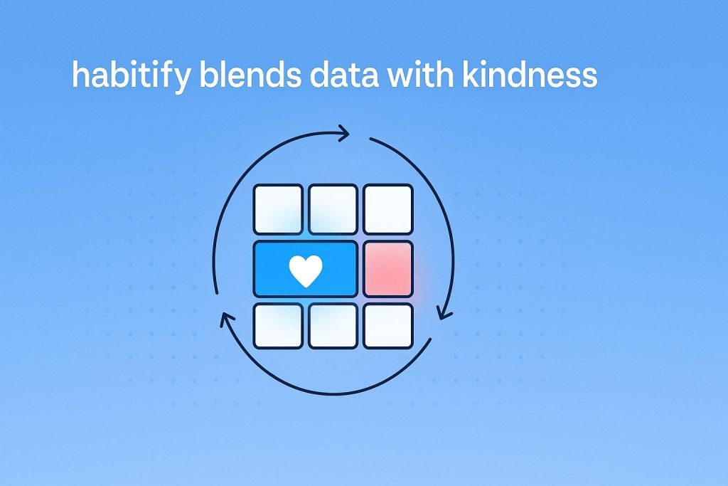 Habitify grid with a heart tile and a circular arrow, combining data tiles and a soft pink highlight