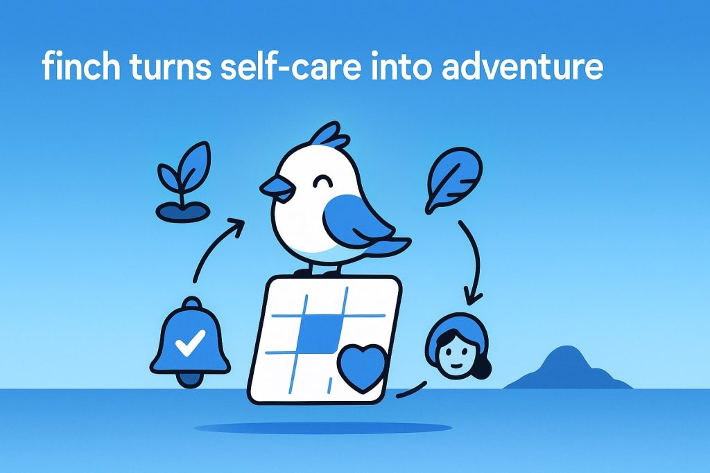 Finch bird standing on a habit grid with heart icon; arrows point to bell, sprout, leaf, and user avatar